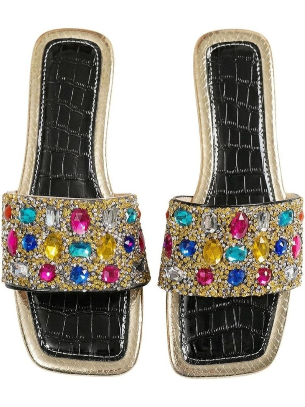 Women's Black Rainbow Summer Sparkly Rhinestone Bling Colorful Square Toe Flats
